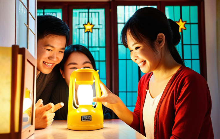 **
A vibrant, eye-level shot of a Vietnamese family installing energy-efficient LED lighting in their traditional home. Sunlight streams through the window, illuminating the happy faces of the family and the "Energy Star" label on the new bulb's box. Focus on the warm, inviting atmosphere and the blend of traditional Vietnamese architecture with modern, eco-friendly technology. Depicting the daily habit changes make a big difference.
**