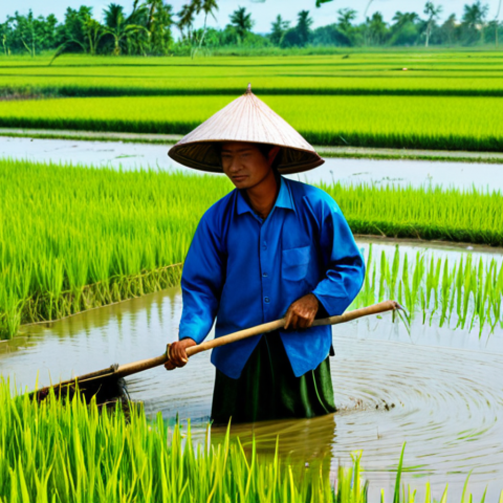 Sustainable Farming in the Mekong Delta**
"A Vietnamese farmer, fully clothed in traditional working attire, tending to a rice paddy in the Mekong Delta. Solar panels are visible in the distance. The rice is lush and green. Water reflects the sky. Appropriate attire, safe for work, sustainable agriculture, perfect anatomy, correct proportions, natural pose, professional photography, high quality."
**