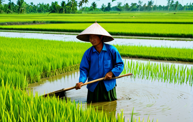 Sustainable Farming in the Mekong Delta**
"A Vietnamese farmer, fully clothed in traditional working attire, tending to a rice paddy in the Mekong Delta. Solar panels are visible in the distance. The rice is lush and green. Water reflects the sky. Appropriate attire, safe for work, sustainable agriculture, perfect anatomy, correct proportions, natural pose, professional photography, high quality."
**