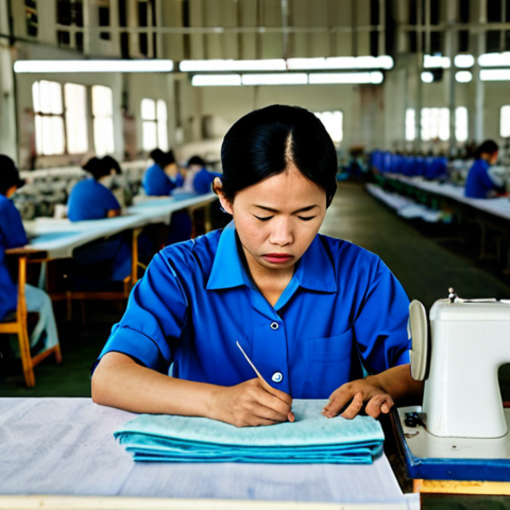 **
A small Vietnamese garment factory owner in Bình Dương, looking concerned while reviewing carbon emission reports. The factory interior is visible in the background, showcasing sewing machines and fabrics. She's wearing a simple ao bà ba (traditional Vietnamese garment) and appears thoughtful. Focus on the human cost of environmental regulations. safe for work, appropriate content, fully clothed, professional, modest, perfect anatomy, natural proportions.
**