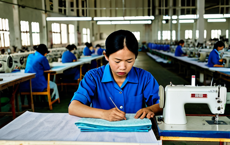 **
A small Vietnamese garment factory owner in Bình Dương, looking concerned while reviewing carbon emission reports. The factory interior is visible in the background, showcasing sewing machines and fabrics. She's wearing a simple ao bà ba (traditional Vietnamese garment) and appears thoughtful. Focus on the human cost of environmental regulations. safe for work, appropriate content, fully clothed, professional, modest, perfect anatomy, natural proportions.
**
