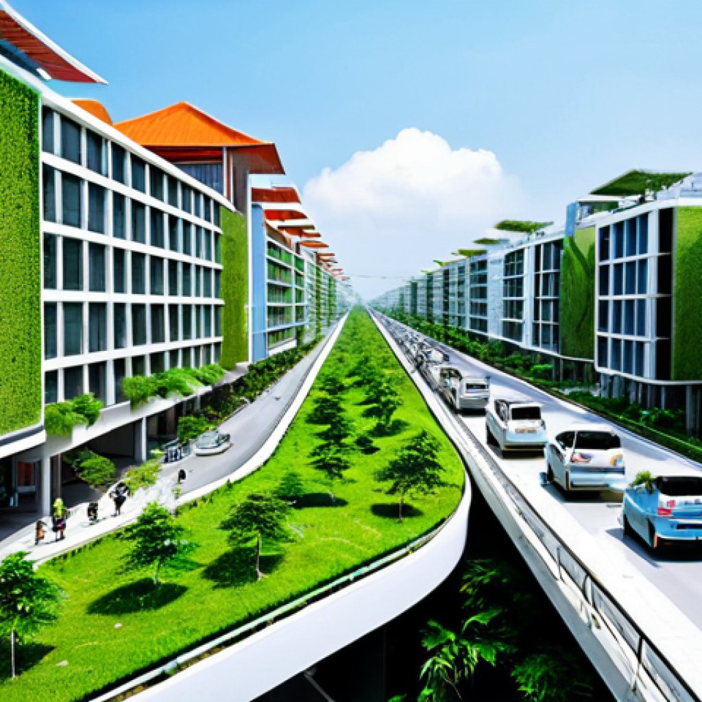 Sustainable Cityscape**
"A vibrant, modern Vietnamese city with lush green spaces integrated into the architecture, solar panels on rooftops, electric buses on clean streets, fully clothed people cycling and walking, promoting sustainable living, appropriate content, safe for work, perfect anatomy, natural proportions, professional architectural photography, high quality, family-friendly, modest infrastructure."
**
