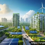 Home 20 탄소예산을 통한 국제적 협력과 발전 전략 - A vibrant urban landscape in Vietnam showcasing a sustainable city powered by renewable energy: sola...