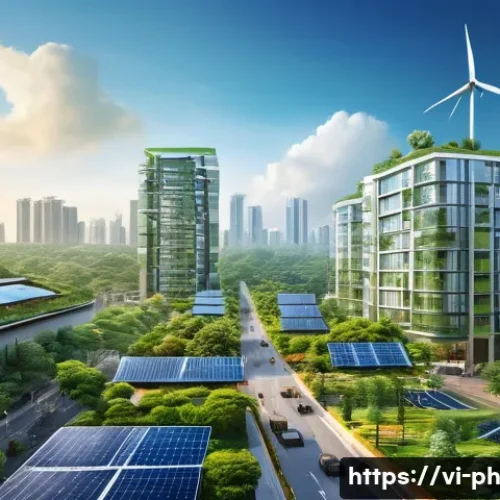 Home 32 탄소예산을 통한 국제적 협력과 발전 전략 - A vibrant urban landscape in Vietnam showcasing a sustainable city powered by renewable energy: sola...