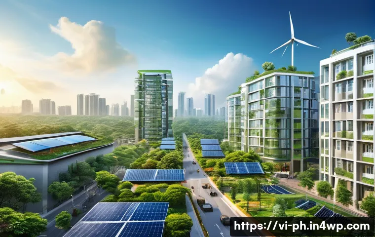 탄소예산을 통한 국제적 협력과 발전 전략 - A vibrant urban landscape in Vietnam showcasing a sustainable city powered by renewable energy: sola...