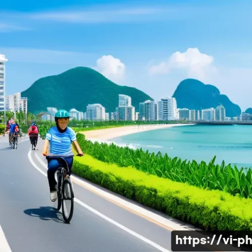 Home 31 탄소예산과 지방 정부의 역할 - A vibrant coastal city scene in Da Nang, Vietnam, showcasing a dedicated bicycle lane bustling with ...
