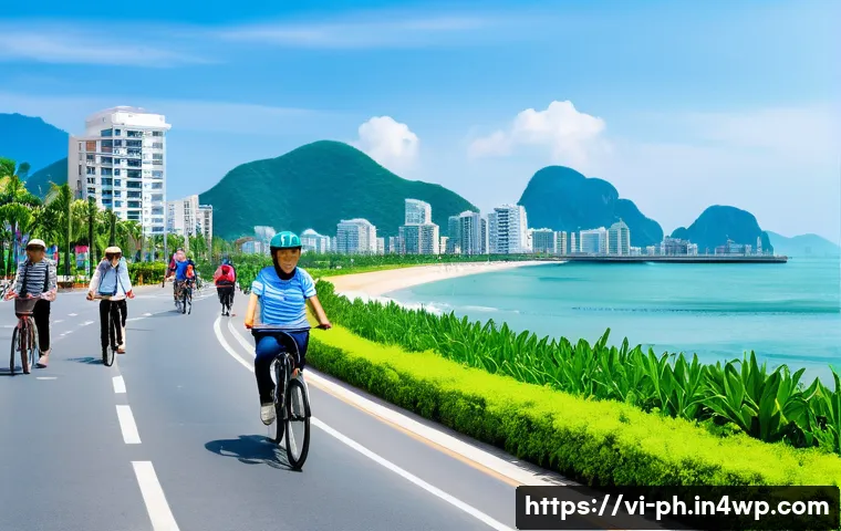 탄소예산과 지방 정부의 역할 - A vibrant coastal city scene in Da Nang, Vietnam, showcasing a dedicated bicycle lane bustling with ...