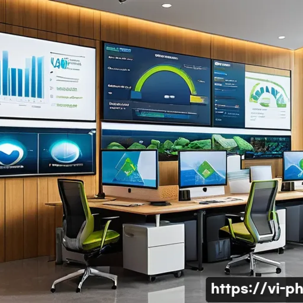 탄소예산을 통한 기업의 환경적 책임 증대 - A modern Vietnamese corporate office environment with a diverse team of professionals collaborating ...