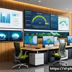 Home 23 탄소예산을 통한 기업의 환경적 책임 증대 - A modern Vietnamese corporate office environment with a diverse team of professionals collaborating ...